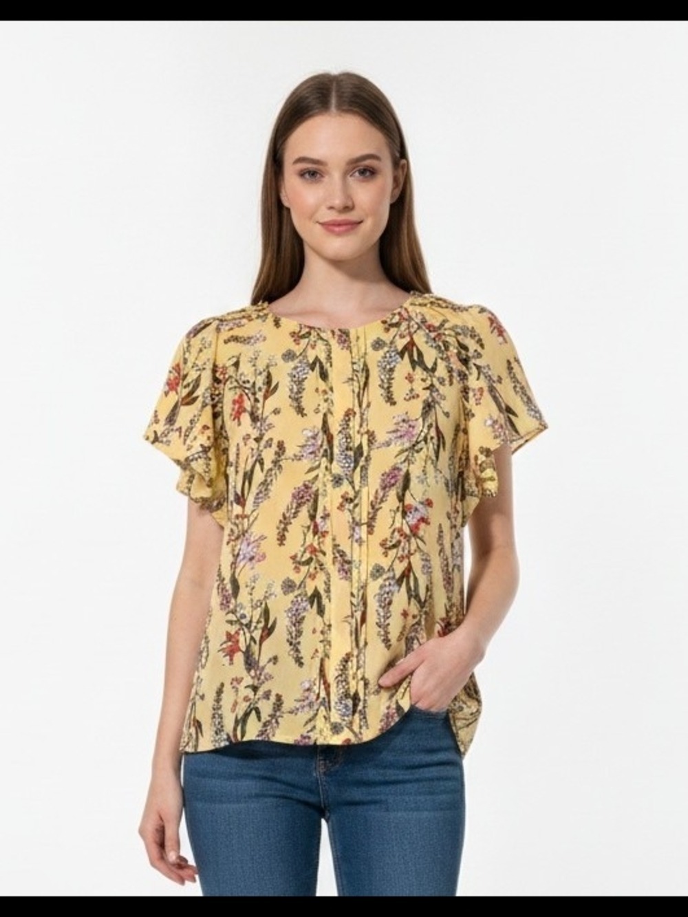 Worthington Yellow Floral Flutter-Sleeve Top